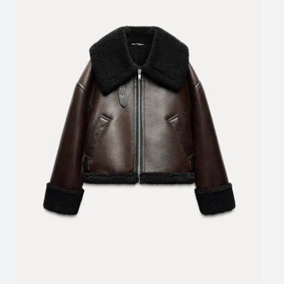 Zara Double Faced Faux Fur Faux Leather Jacket S L NWT 2969/046  Brown Burgundy - Picture 5 of 11